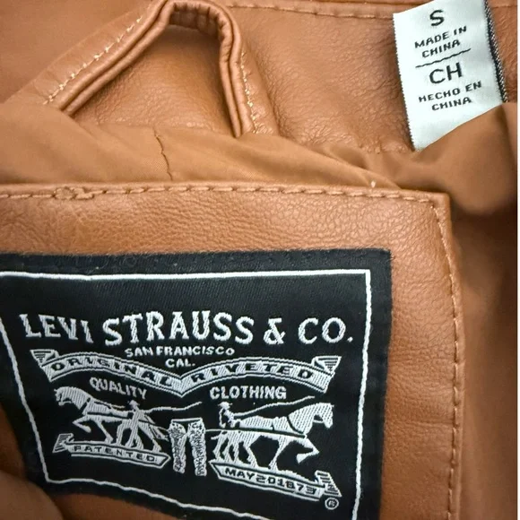 LEVI’S faux leather moto jacket cognac brown Women’s size Small 90’s style CBK - Picture 9 of 17